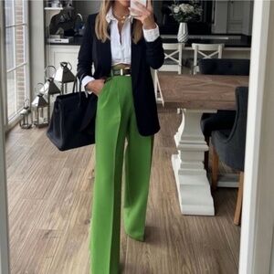 Zara High Rise Pleated Straight Leg Trousers In Green.